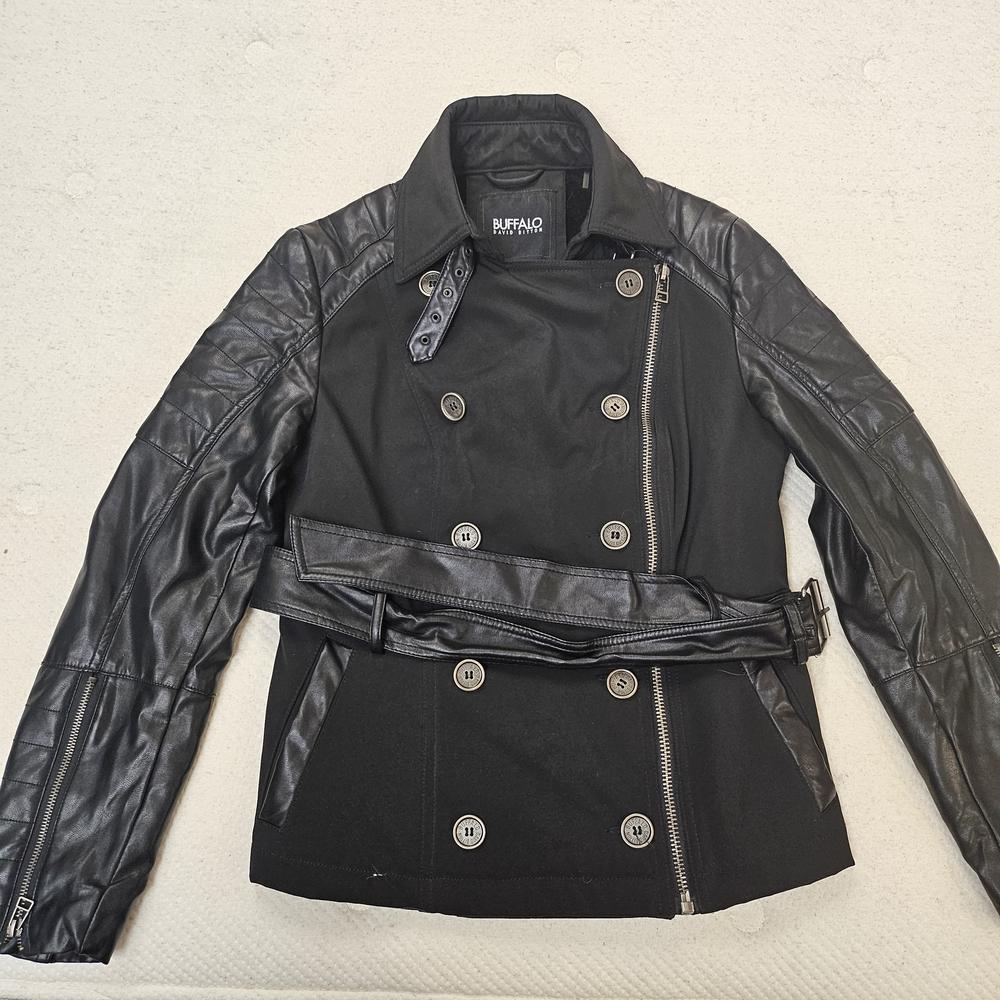 Buffalo David Bitton Black Double-Breasted Jacket w Leather sleeves Size Medium